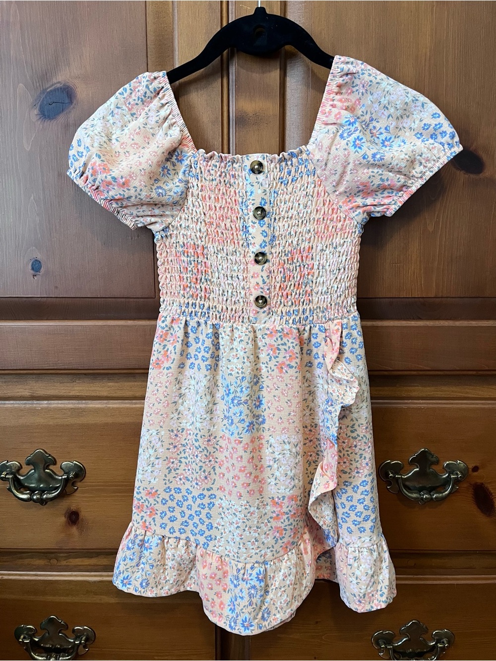 wonder nation Smocked Floral Ruffle Dress in Pink, Blue & Cream